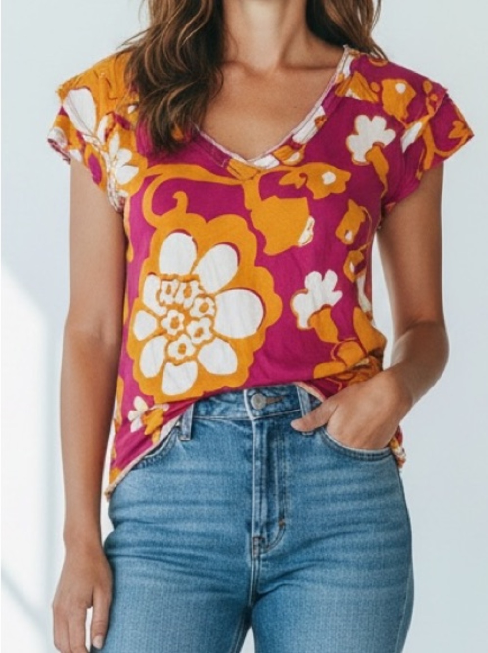 Maeve by Anthropologie Catie Pink Floral Boho Flutter Sleeve VNeck Top Blouse XS